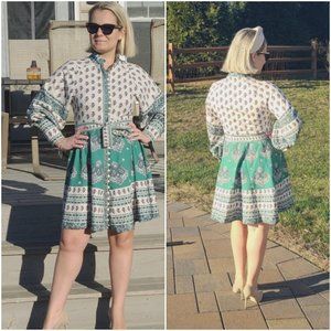 SUPER CHIC BOHO GREEN FLORAL LONG SLEEVE DRESS